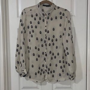 Zara Basic Cream Blouse with Black Floral Accents